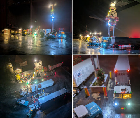 Gas Station Diorama with Trucks and LED Lighting