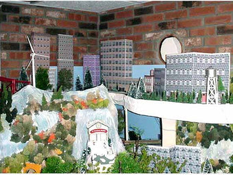 Backdrop buildings on a shelf layout