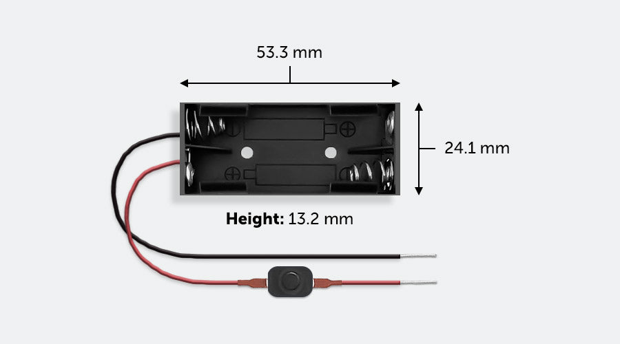 Dimensions of the 3 Volt AAA battery holder with switch