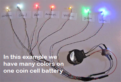 Different colors micro LEDs on one coin cell battery 