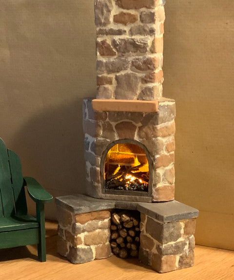 Outdoor Stone Fireplace Dollhouse Model with LED Lighting