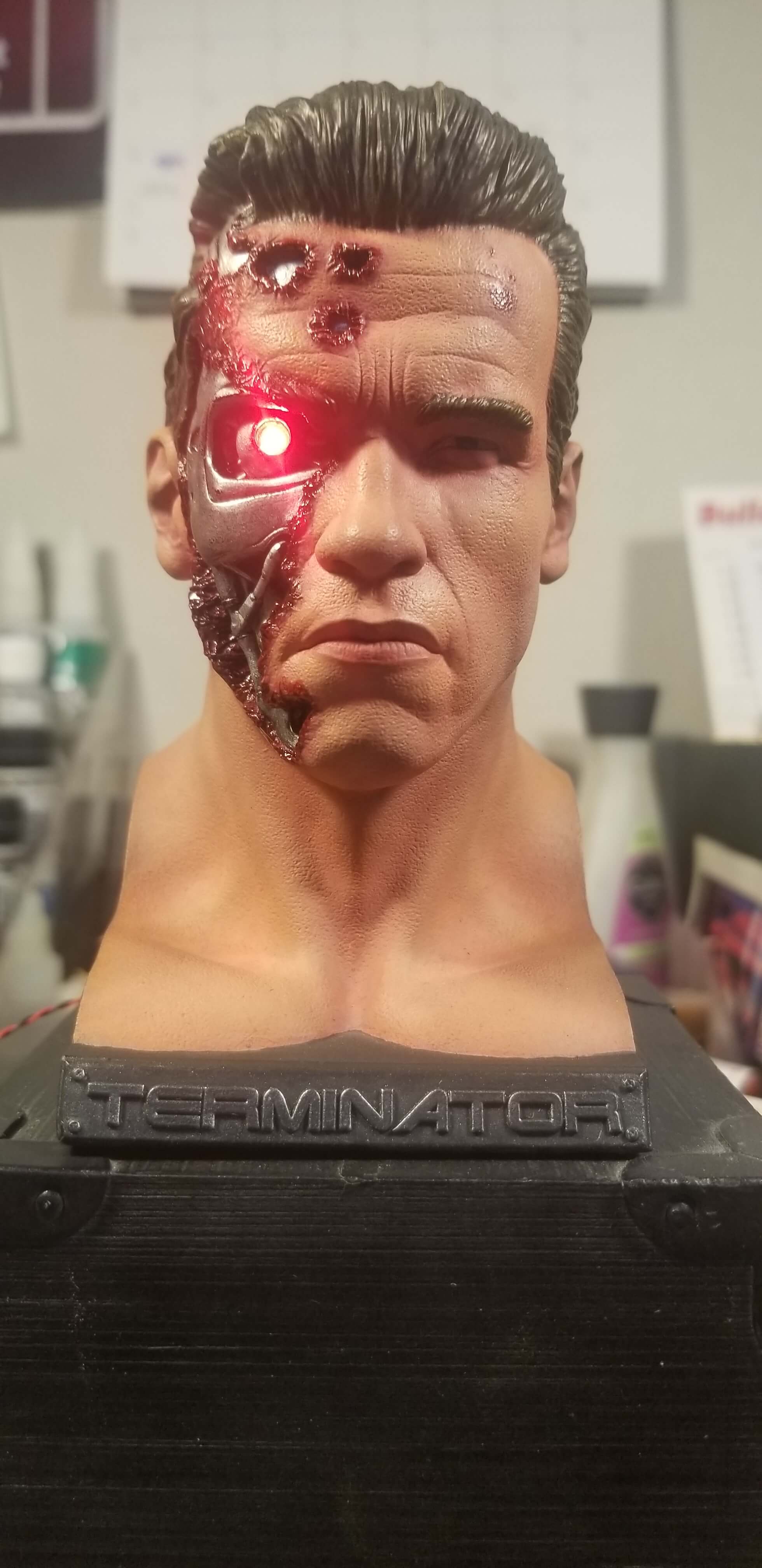 Buff Terminator 3D-Printed Terminator Bust | Illuminated with Red LED Lights