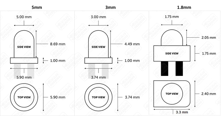 3 Volt LED bulb size diagram